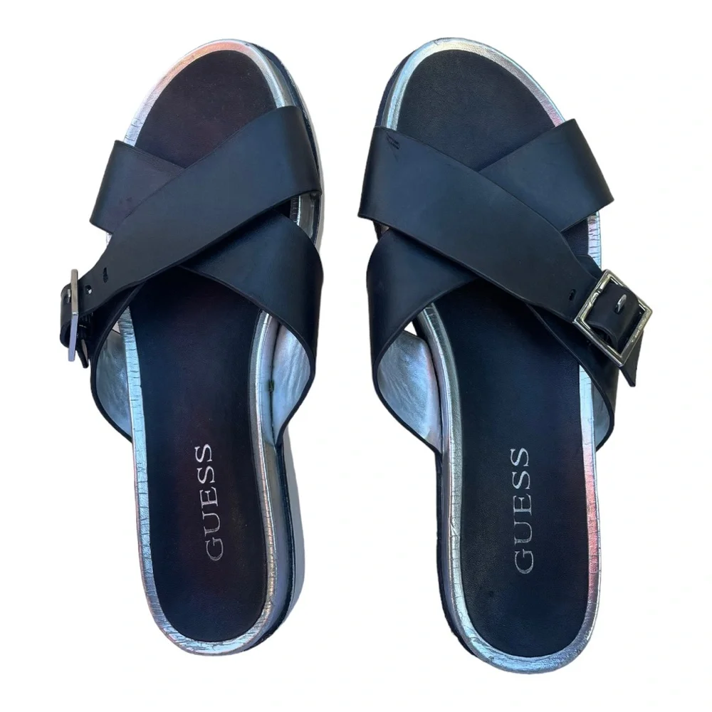 GUESS Women's Slip-on Deana Black, Sliver & White Leather Buckel Sandel Sz 9.5